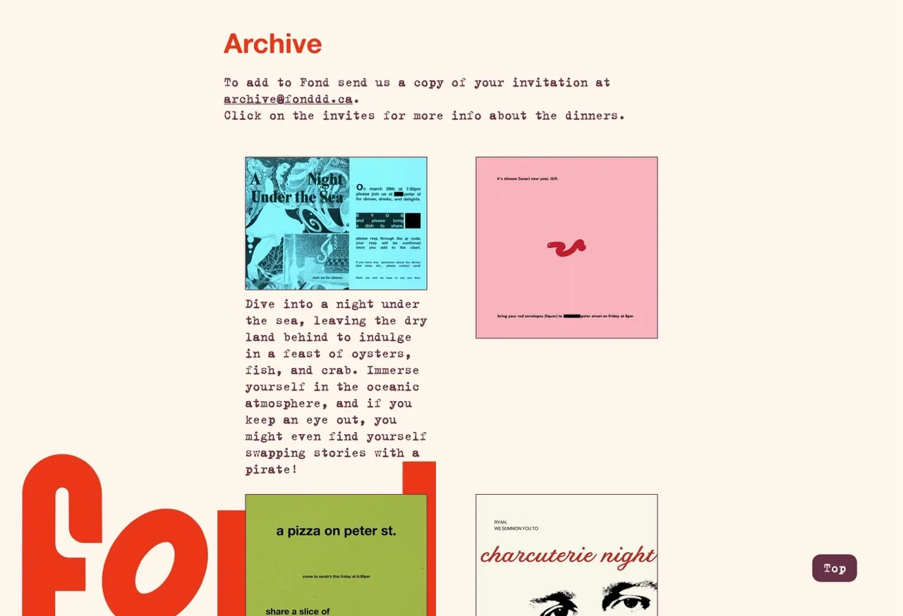 Screenshot of Fond website showing archive page with past invites