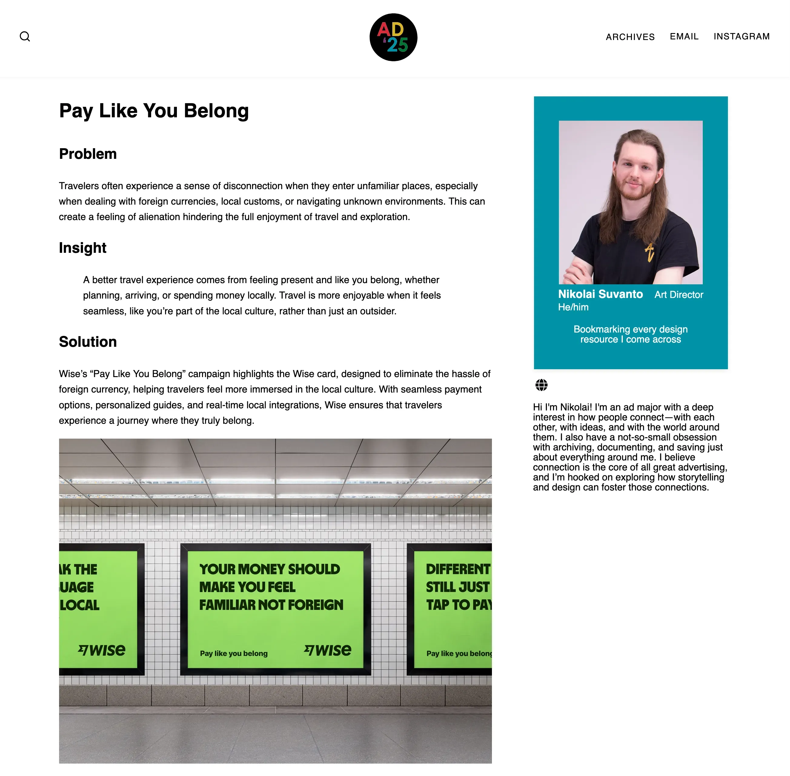 Student profile page with project details